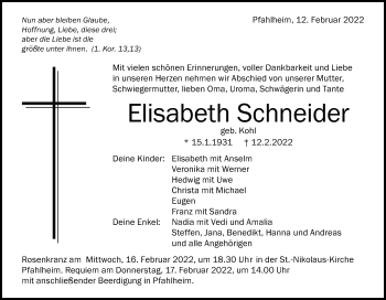 Traueranzeige von Elisabeth Schneider von Schwäbische Post