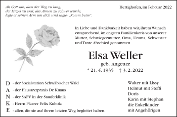 Traueranzeige von Elsa Weller von Gmünder Tagespost