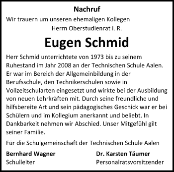 Traueranzeige von Eugen Schmid von Schwäbische Post