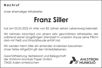 Traueranzeige von Franz Siller von Schwäbische Post