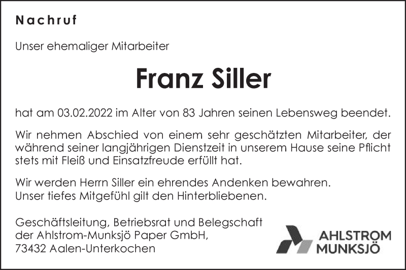  Traueranzeige für Franz Siller vom 19.02.2022 aus Schwäbische Post