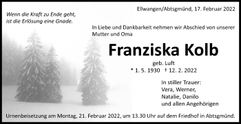 Traueranzeige von Franziska Kolb von Schwäbische Post