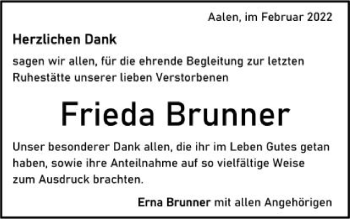 Traueranzeige von Frieda Brunner von Schwäbische Post