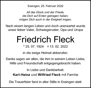 Traueranzeige von Friedrich Fleck von Schwäbische Post