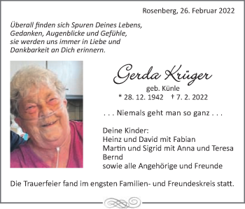 Traueranzeige von Gerda Krüger von Schwäbische Post