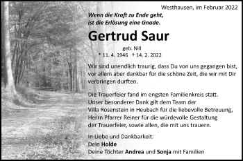 Traueranzeige von Gertrud Saur von Schwäbische Post