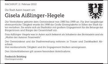 Traueranzeige von Gisela Aißlinger-Hegele von Schwäbische Post