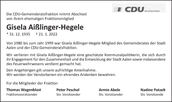Traueranzeige von Gisela Aißlinger-Hegele von Schwäbische Post