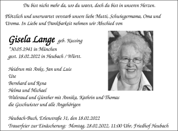 Traueranzeige von Gisela Lange von Gmünder Tagespost