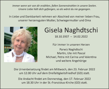 Traueranzeige von Gisela Naghdtschi von Gmünder Tagespost