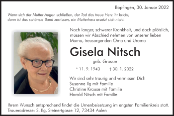 Traueranzeige von Gisela Nitsch von Schwäbische Post