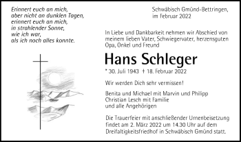 Traueranzeige von Hans Schleger von Gmünder Tagespost