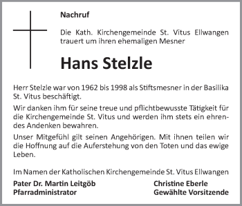 Traueranzeige von Hans Stelzle von Schwäbische Post