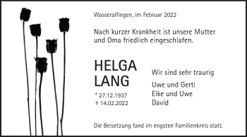 Traueranzeige von Helga Lang von Schwäbische Post