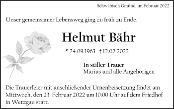 Traueranzeige von Helmut Bähr von Gmünder Tagespost