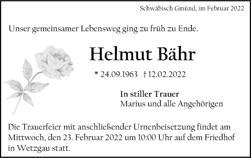  Traueranzeige für Helmut Bähr vom 21.02.2022 aus Gmünder Tagespost