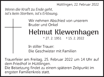 Traueranzeige von Helmut Klewenhagen von Schwäbische Post