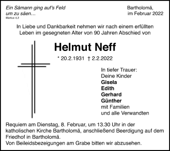 Traueranzeige von Helmut Neff von Gmünder Tagespost