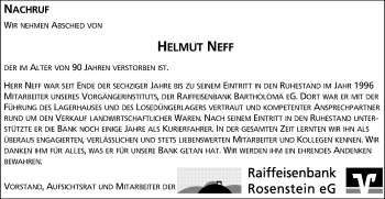 Traueranzeige von Helmut Neff von Gmünder Tagespost