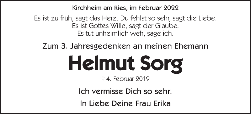  Traueranzeige für Helmut Sorg vom 04.02.2022 aus Schwäbische Post