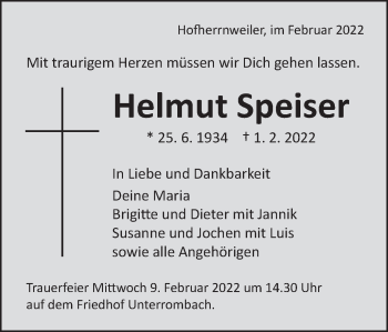 Traueranzeige von Helmut Speiser von Schwäbische Post