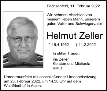 Traueranzeige von Helmut Zeller