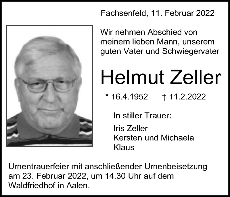  Traueranzeige für Helmut Zeller vom 19.02.2022 aus Schwäbische Post