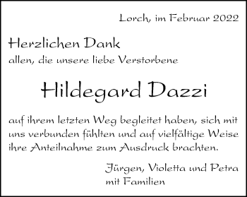 Traueranzeige von Hildegard Dazzi von Gmünder Tagespost