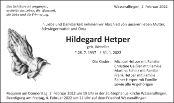 Traueranzeige von Hildegard Hetper von Schwäbische Post