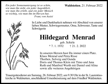 Traueranzeige von Hildegard Menrad von Gmünder Tagespost