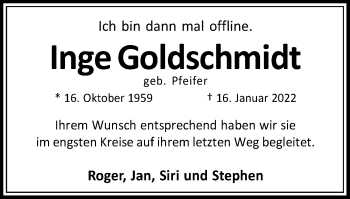Traueranzeige von Inge Goldschmidt von Schwäbische Post