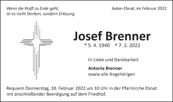 Traueranzeige von Josef Brenner von Schwäbische Post