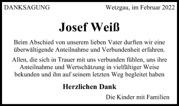 Traueranzeige von Josef Weiß von Gmünder Tagespost