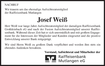 Traueranzeige von Josef Weiß von Gmünder Tagespost