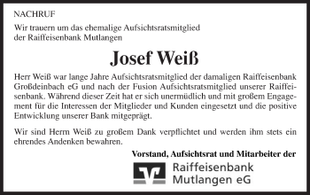 Traueranzeige von Josef Weiß