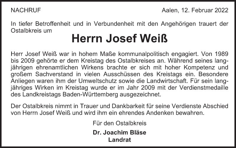  Traueranzeige für Josef Weiß vom 12.02.2022 aus Gmünder Tagespost