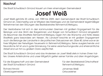Traueranzeige von Josef Weiß von Gmünder Tagespost