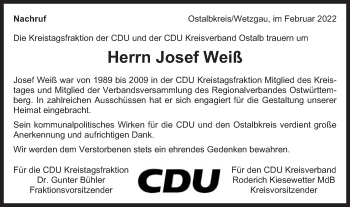 Traueranzeige von Josef Weiß von Gmünder Tagespost