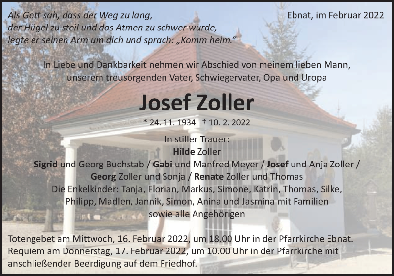  Traueranzeige für Josef Zoller vom 12.02.2022 aus Schwäbische Post