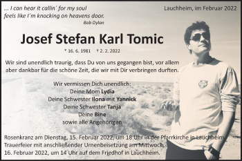 Traueranzeige von Josef Stefan Karl Tomic von Schwäbische Post