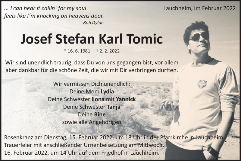  Traueranzeige für Josef Stefan Karl Tomic vom 12.02.2022 aus Schwäbische Post