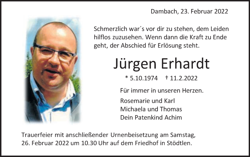  Traueranzeige für Jürgen Erhardt vom 23.02.2022 aus Schwäbische Post