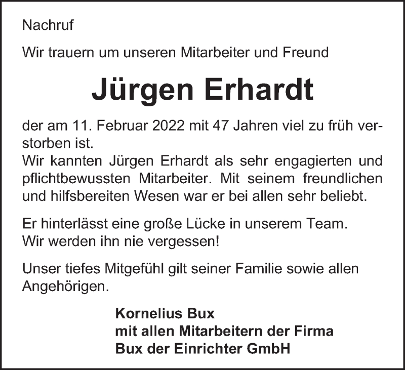  Traueranzeige für Jürgen Erhardt vom 24.02.2022 aus Schwäbische Post