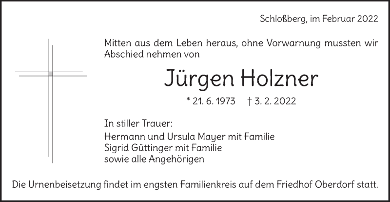  Traueranzeige für Jürgen Holzner vom 25.02.2022 aus Bopfinger Stadtanzeiger
