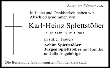 Traueranzeige von Karl-Heinz Splettstößer von Schwäbische Post