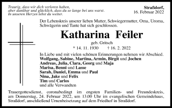 Traueranzeige von Katharina Feiler von Gmünder Tagespost