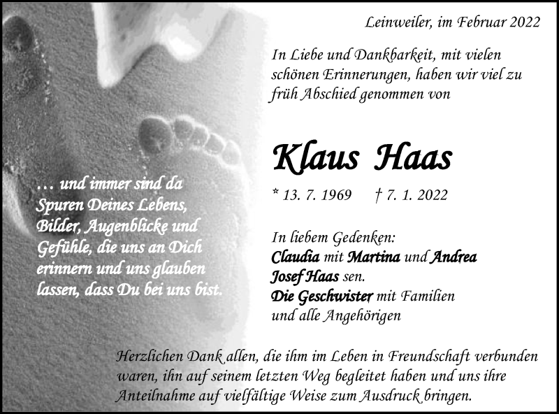  Traueranzeige für Klaus Haas vom 05.02.2022 aus Schwäbische Post