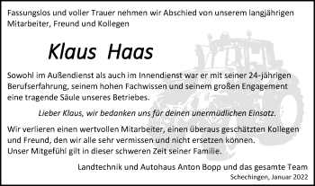 Traueranzeige von Klaus Haas von Schwäbische Post