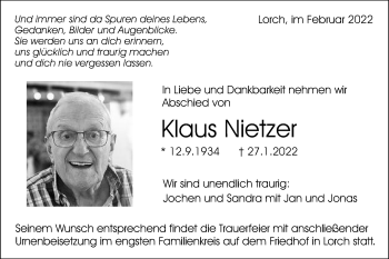 Traueranzeige von Klaus Nietzer von Gmünder Tagespost