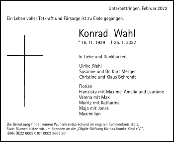 Traueranzeige von Konrad Wahl
